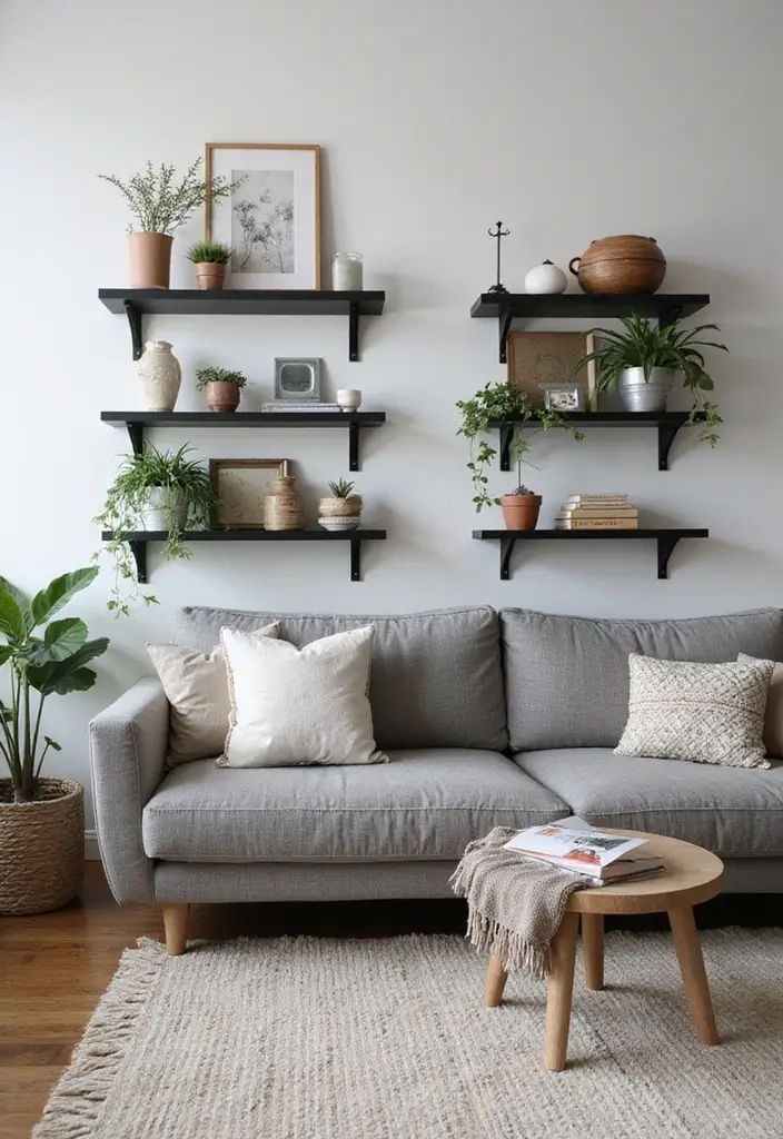 26 Black Furniture Living Room Ideas for a Bold Look - 13. Creative Black Shelving Units