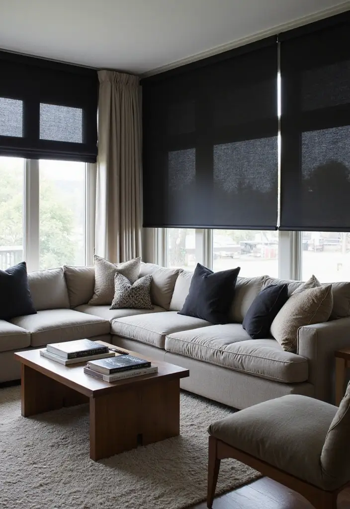 26 Black Furniture Living Room Ideas for a Bold Look - 16. Black Window Treatments