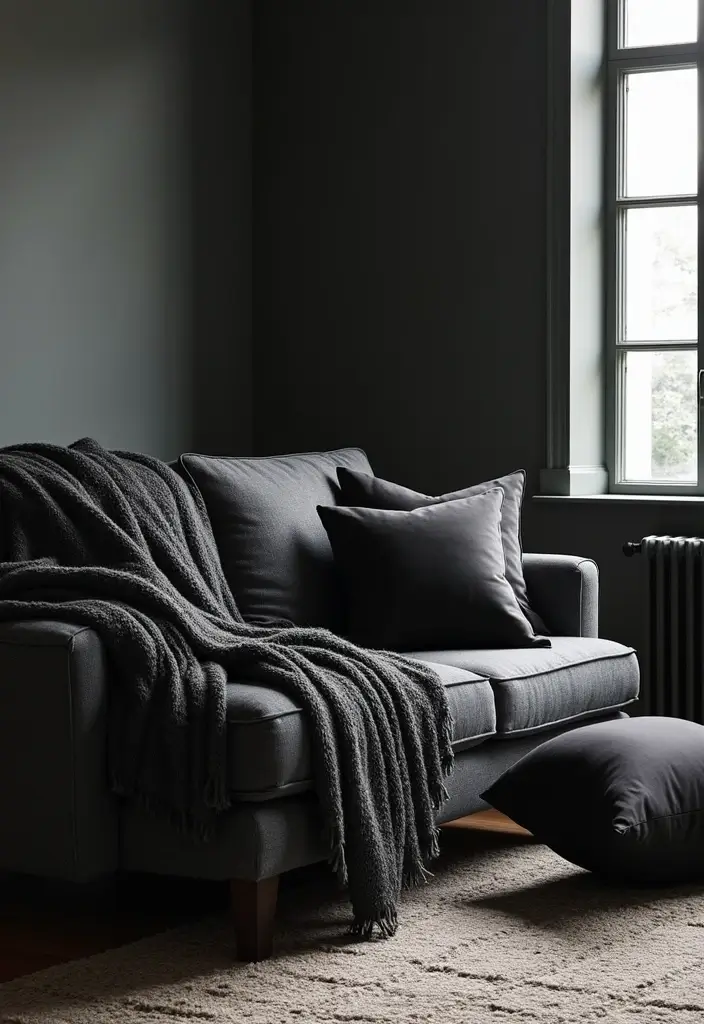 26 Black Furniture Living Room Ideas for a Bold Look - 20. Layered Black Textiles