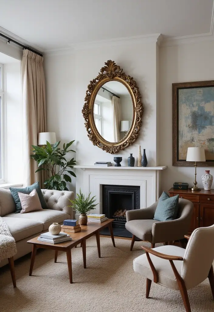 26 Mirror in Living Room Ideas That Brighten the Space 16 26 Mirror in Living Room Ideas That Brighten the Space - 16. Vintage Mirror with a Modern Twist