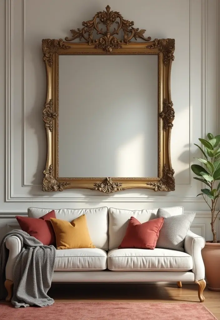 26 Mirror in Living Room Ideas That Brighten the Space 2 26 Mirror in Living Room Ideas That Brighten the Space - 2. Vintage Framed Mirror Over the Sofa
