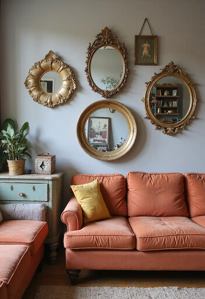 26 Mirror in Living Room Ideas That Brighten the Space 22 26 Mirror in Living Room Ideas That Brighten the Space - 22. Vintage Mirrors with Unique Shapes