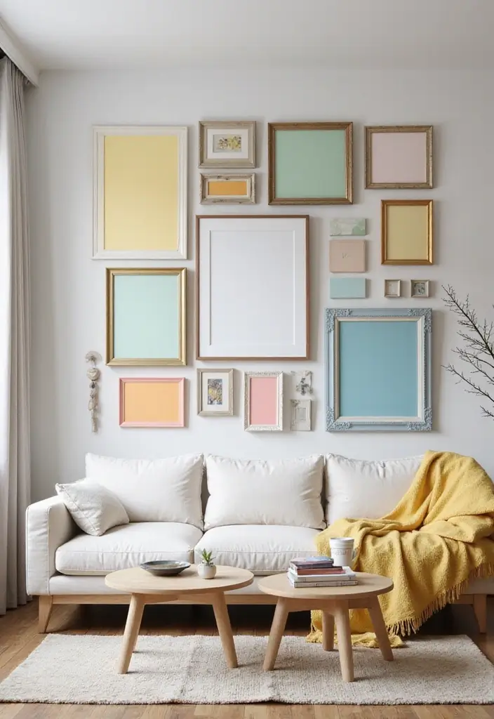 27 Colorful Living Room Ideas Full of Energy - 13. Creative Frame Displays