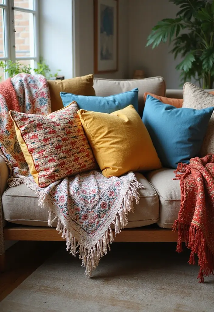 27 Colorful Living Room Ideas Full of Energy - 2. Playful Pillows and Throws
