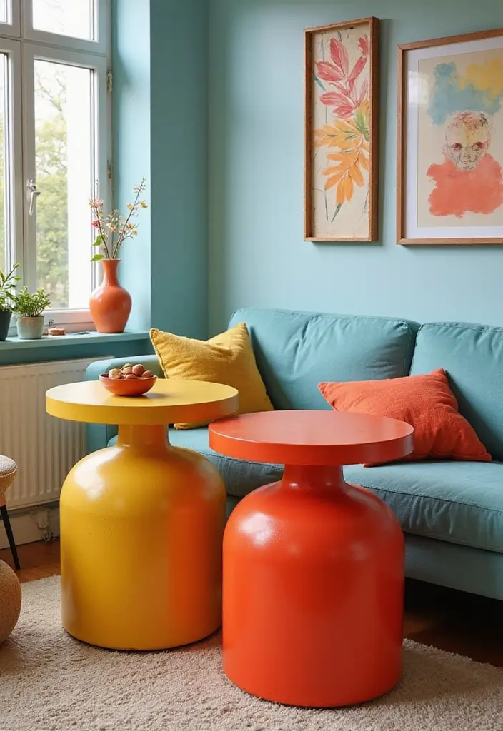 27 Colorful Living Room Ideas Full of Energy - 25. Bright Side Tables