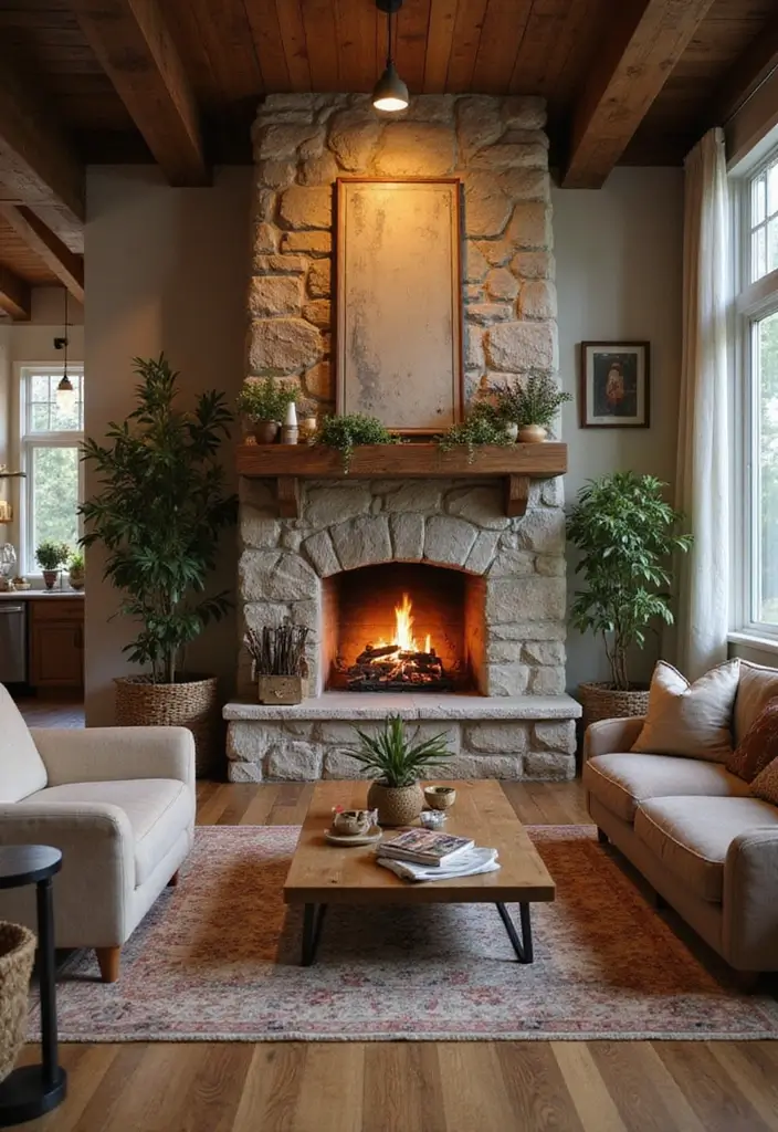 27 Green Living Room Inspirations for a Refreshing Space - 24. Cozy Fireplaces