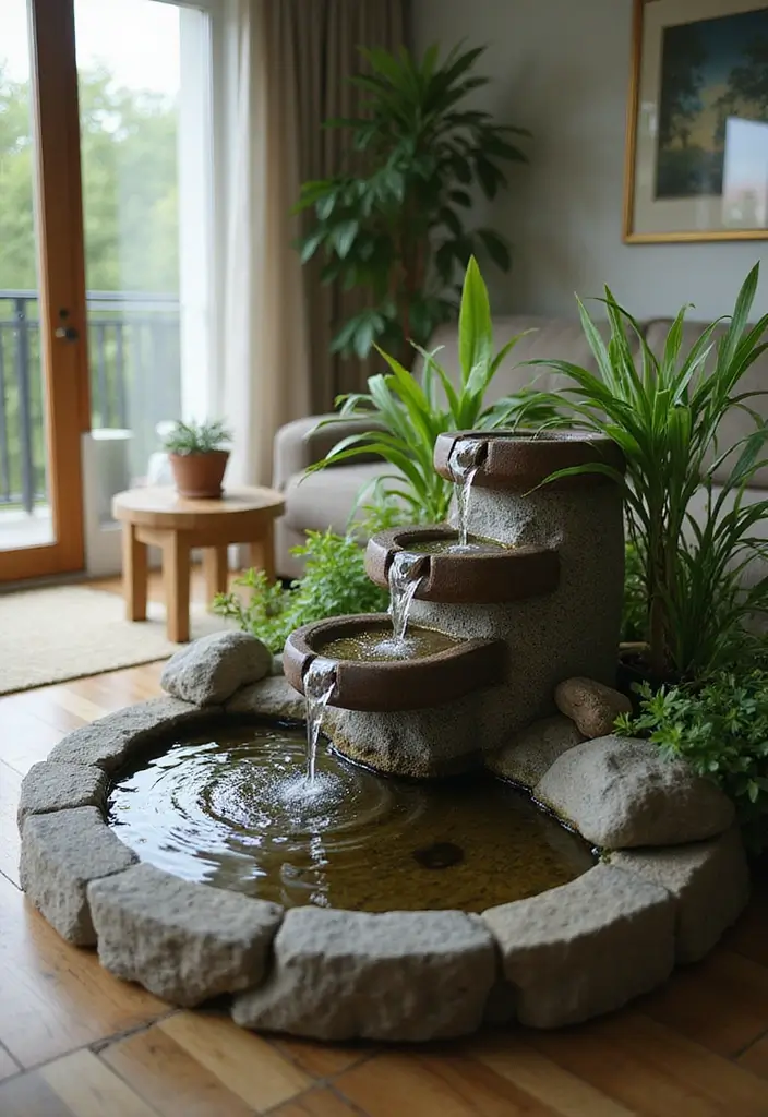 27 Green Living Room Inspirations for a Refreshing Space - 6. Indoor Water Features