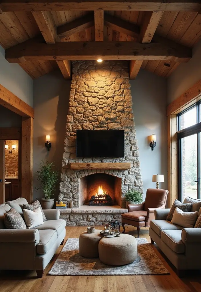 27 Living Room Designs with Fireplace for a Warm Home 12 27 Living Room Designs with Fireplace for a Warm Home - 12. Rustic Stone Fireplace