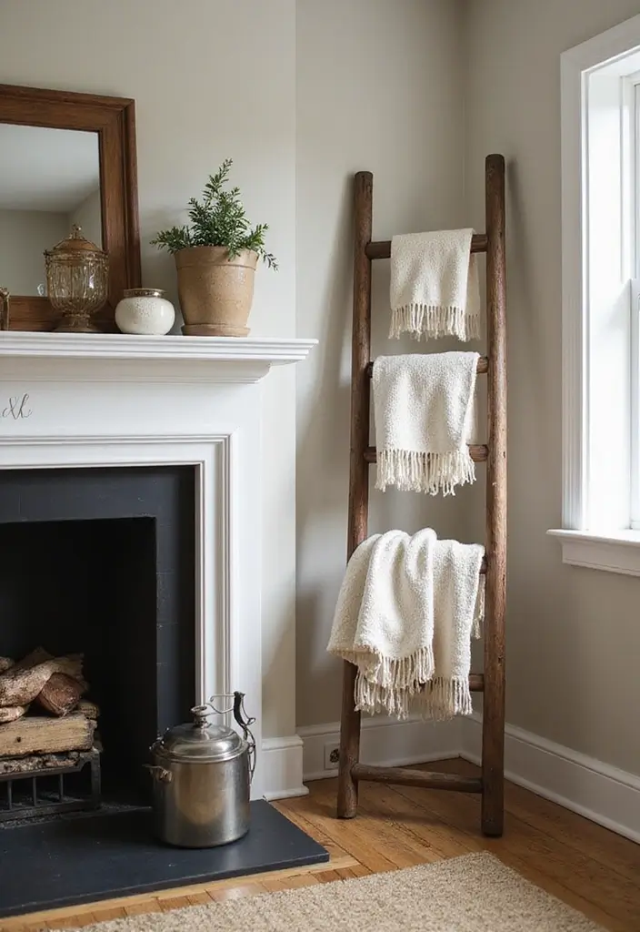 27 Living Room Designs with Fireplace for a Warm Home 17 27 Living Room Designs with Fireplace for a Warm Home - 17. Farmhouse Ladder Decor