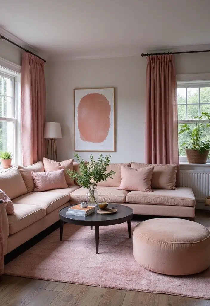27 Pink Living Room Ideas That Are Surprisingly Chic - 13. Soft Pink Accents with Dark Furniture