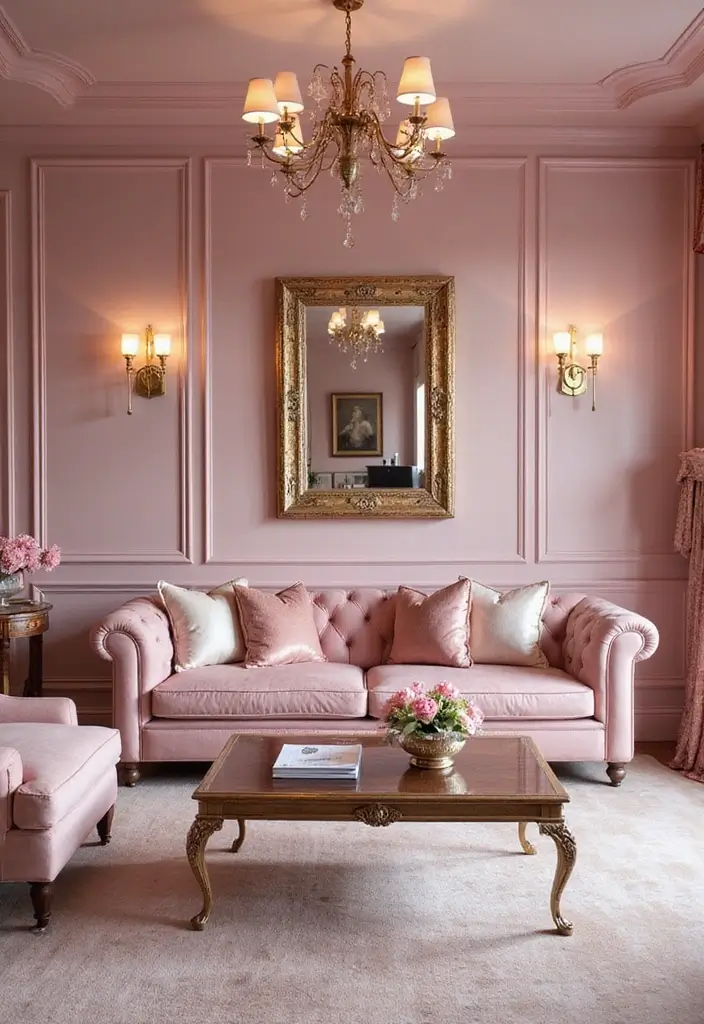 27 Pink Living Room Ideas That Are Surprisingly Chic - 14. Pink and Metallic Glam