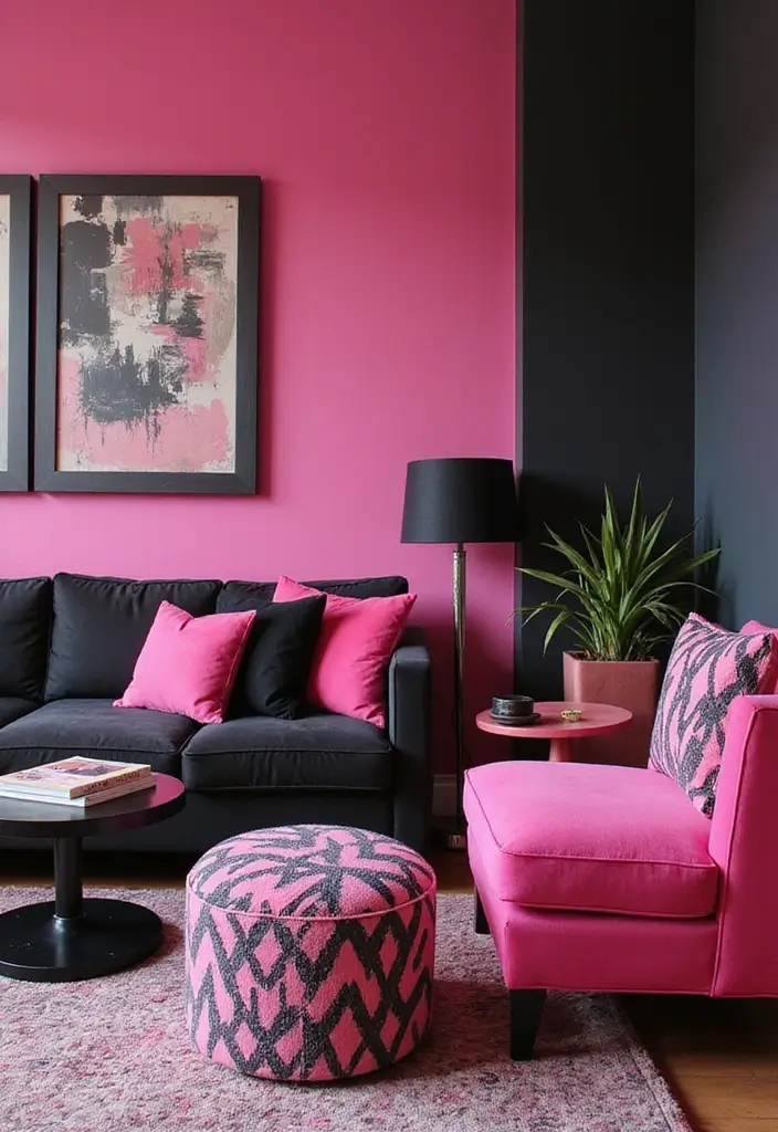 27 Pink Living Room Ideas That Are Surprisingly Chic - 15. Pink and Black Chic