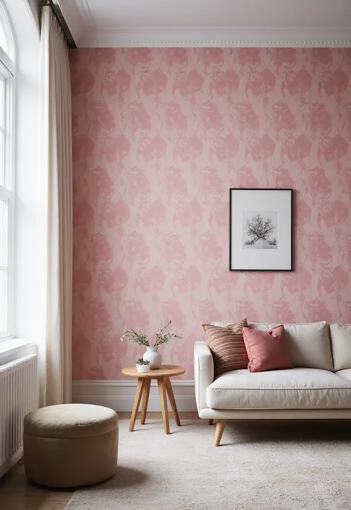 27 Pink Living Room Ideas That Are Surprisingly Chic - 17. Pink Wallpaper Wonders