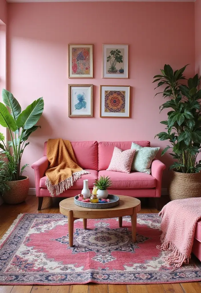 27 Pink Living Room Ideas That Are Surprisingly Chic - 18. Pink Bohemian Accents