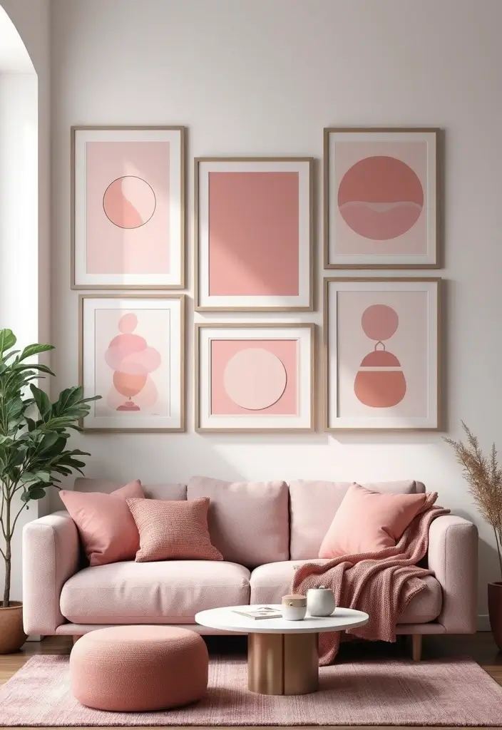 27 Pink Living Room Ideas That Are Surprisingly Chic - 19. Pink Art Displays