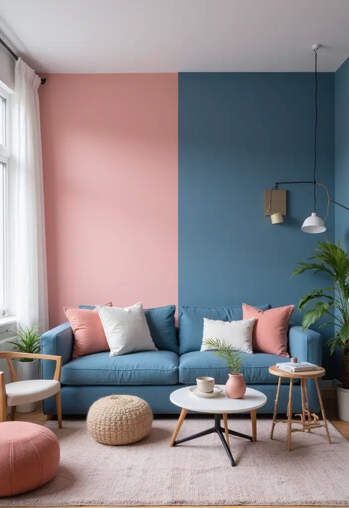 27 Pink Living Room Ideas That Are Surprisingly Chic - 9. Pink and Blue Contrast