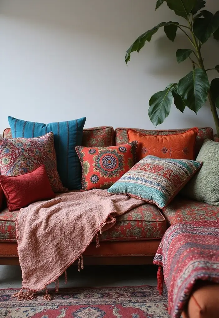 28 Boho Living Room Inspirations Full of Charm - 12. Colorful Throw Pillows