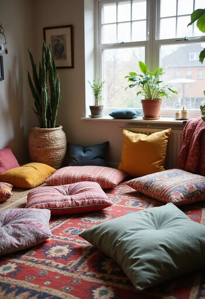 28 Boho Living Room Inspirations Full of Charm - 17. Floor Cushions