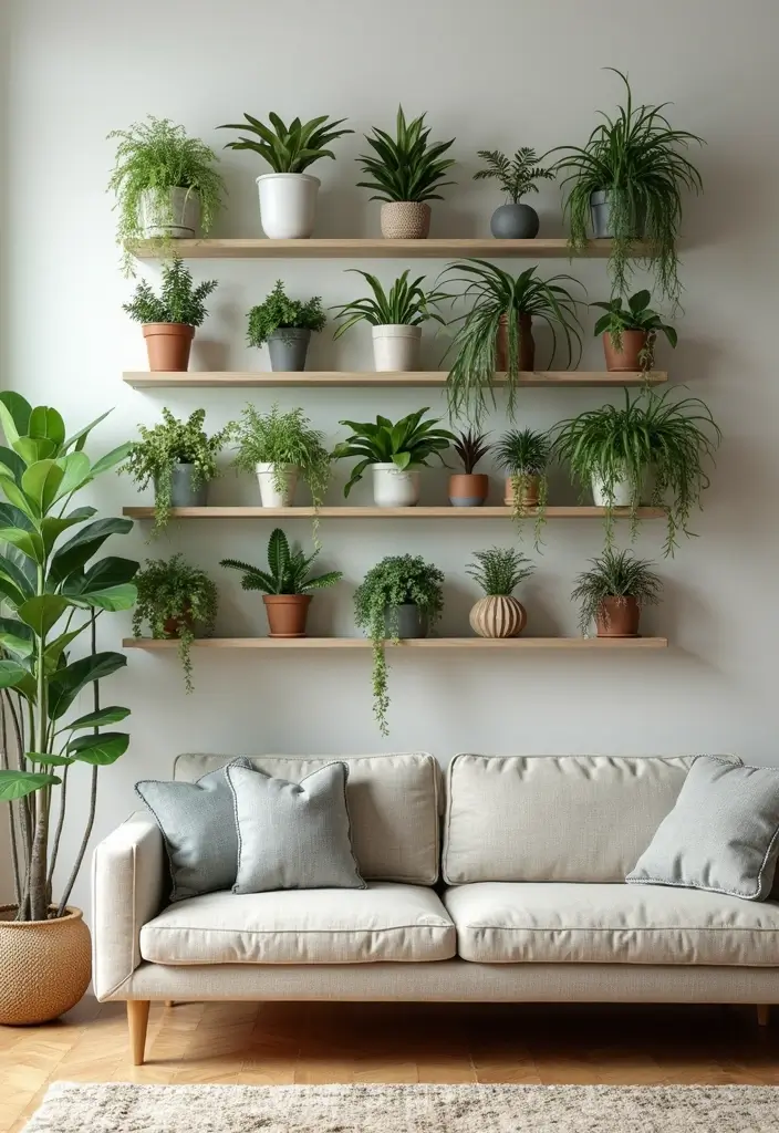 28 Boho Living Room Inspirations Full of Charm - 18. Plant Shelves