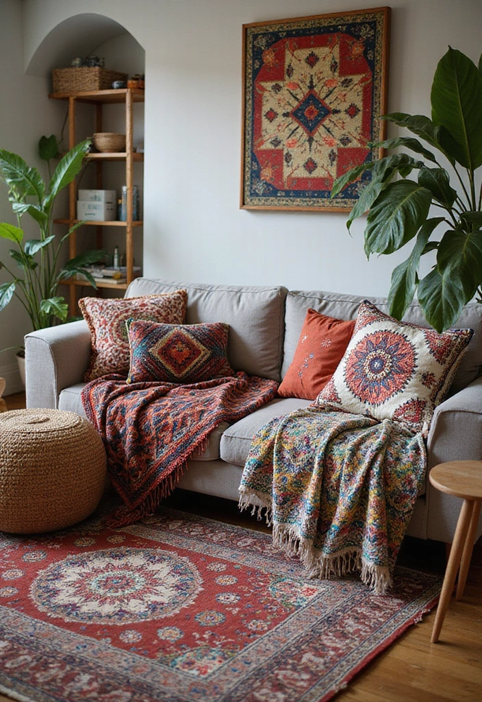 28 Boho Living Room Inspirations Full of Charm - 21. Artistic Throw Blankets