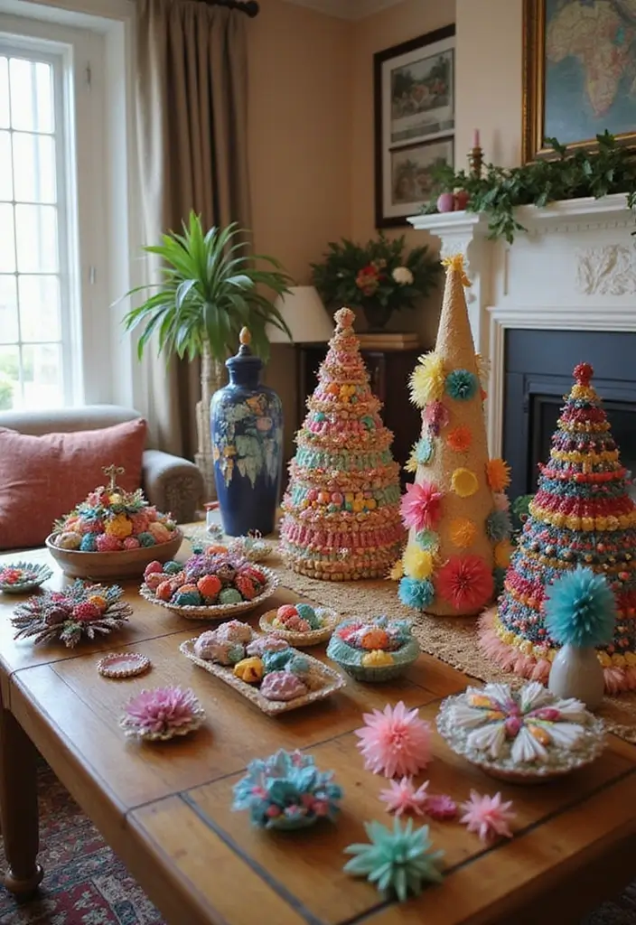 28 Christmas Decor Ideas for Living Room You Must Try - 18. Colorful Crafts from Recycled Materials