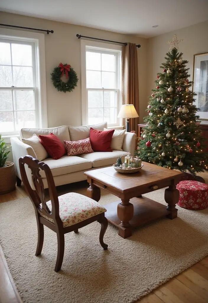 28 Christmas Decor Ideas for Living Room You Must Try - 24. Upcycled Furniture for Festive Feel