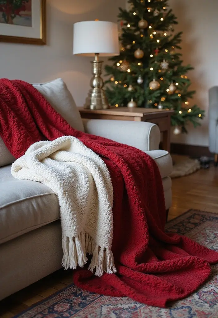 28 Christmas Decor Ideas for Living Room You Must Try - 9. Cozy Blankets and Throws