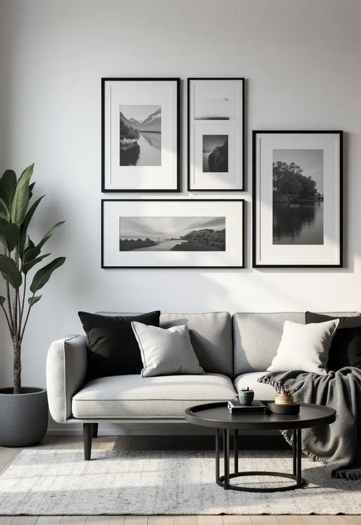 28 Gallery Wall Living Room Inspirations You’ll Love 11 28 Gallery Wall Living Room Inspirations You’ll Love - 11. Black and White Chic