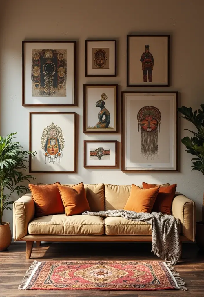 28 Gallery Wall Living Room Inspirations You’ll Love 12 28 Gallery Wall Living Room Inspirations You’ll Love - 12. Cultural Fusion