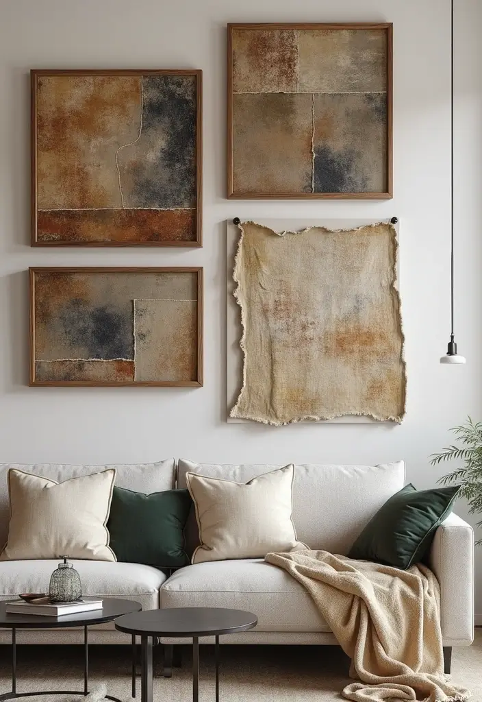 28 Gallery Wall Living Room Inspirations You’ll Love 13 28 Gallery Wall Living Room Inspirations You’ll Love - 13. Textured Layers