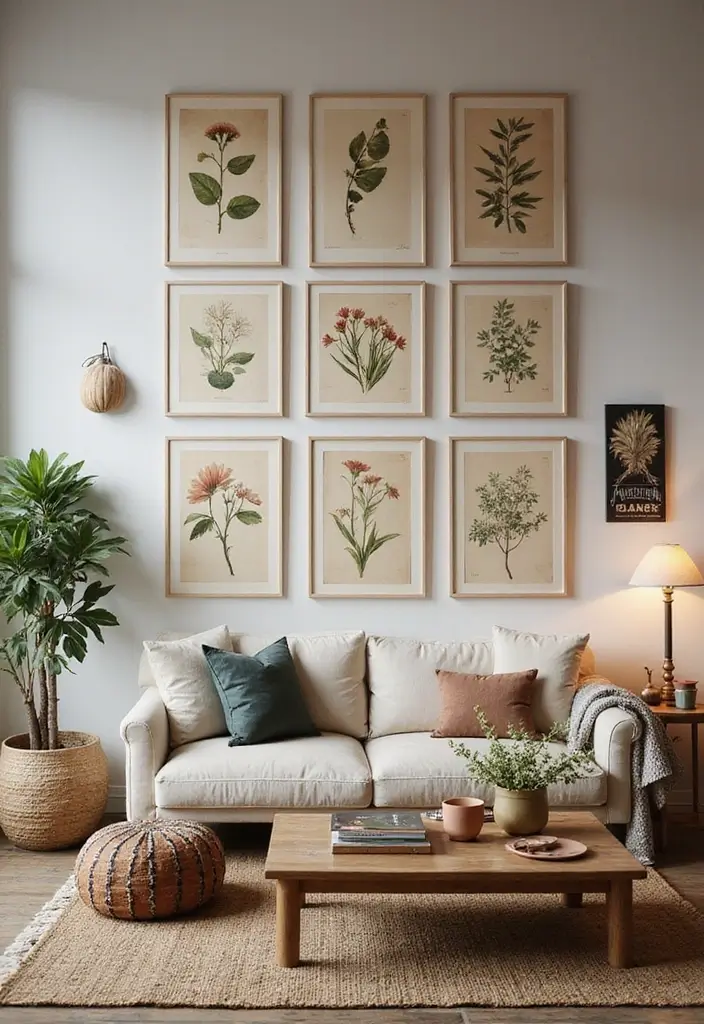 28 Gallery Wall Living Room Inspirations You’ll Love 14 28 Gallery Wall Living Room Inspirations You’ll Love - 14. Vintage Botanical Prints