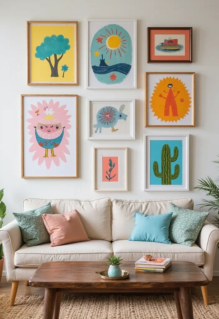 28 Gallery Wall Living Room Inspirations You’ll Love 23 28 Gallery Wall Living Room Inspirations You’ll Love - 23. Whimsical Wonderland