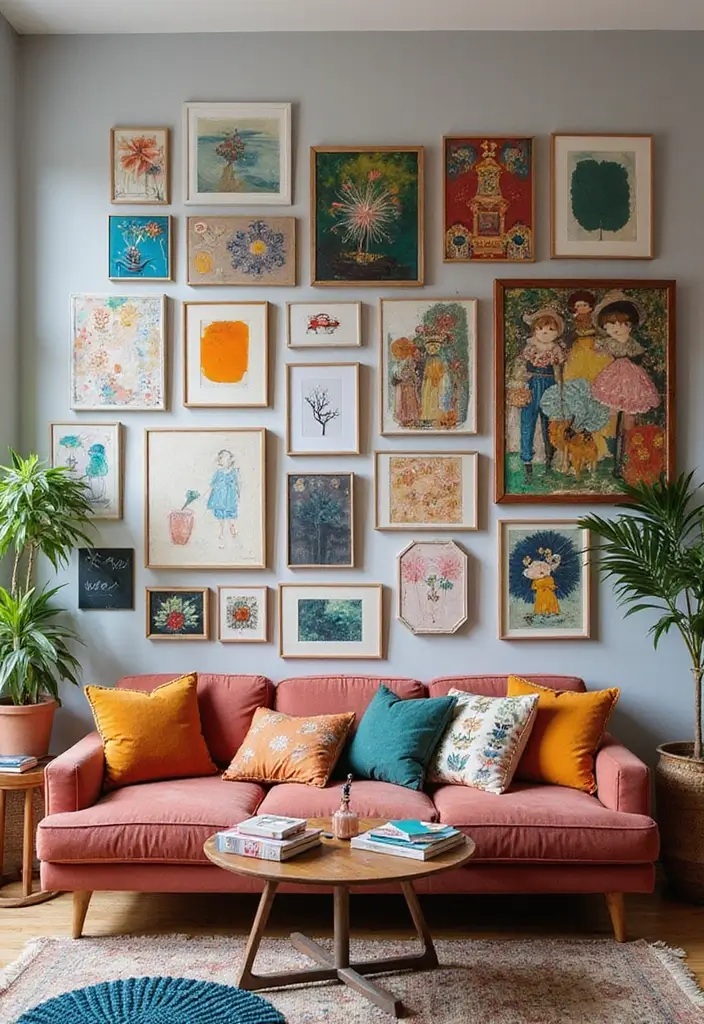 28 Gallery Wall Living Room Inspirations You’ll Love 26 28 Gallery Wall Living Room Inspirations You’ll Love - 26. Mixed Media Magic
