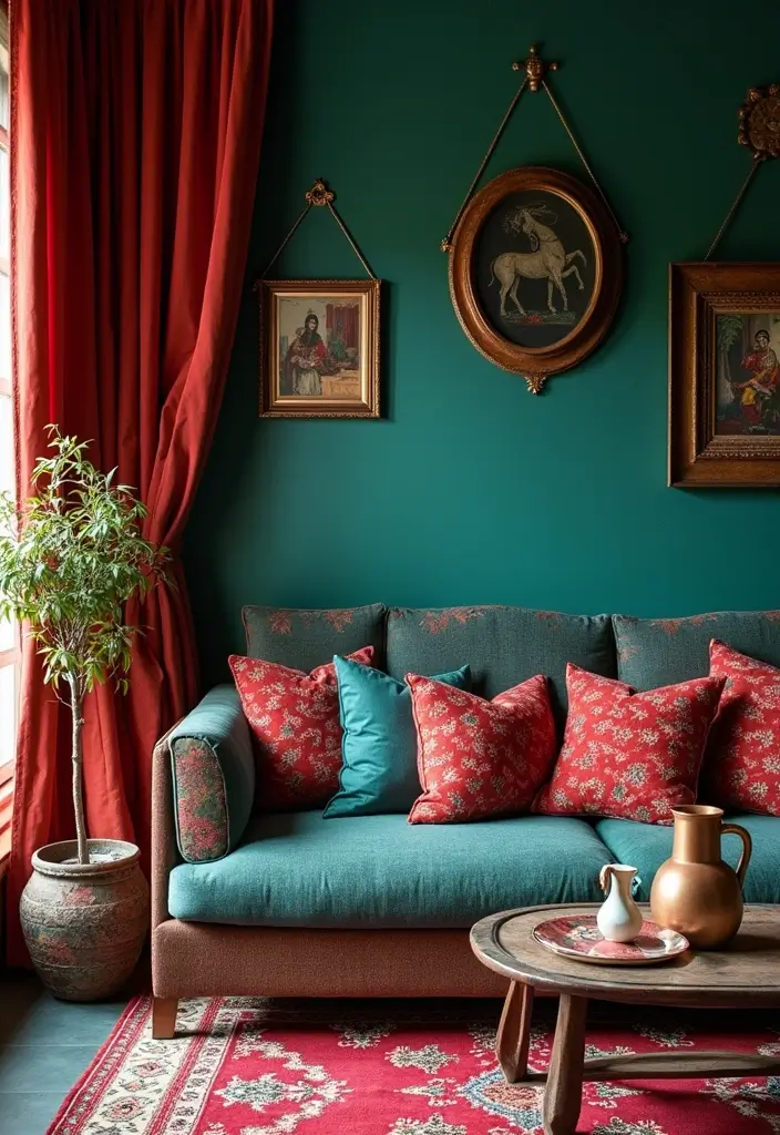 28 Indian Living Room Ideas That Blend Culture and Comfort - 1. Rich Jewel Tones