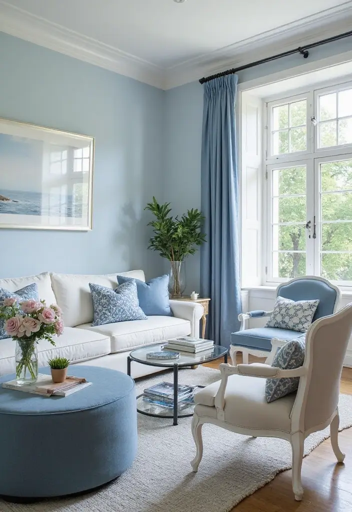 30 Blue Living Room Ideas That Feel Fresh and Modern - 11. Elegant Blue and White Combo