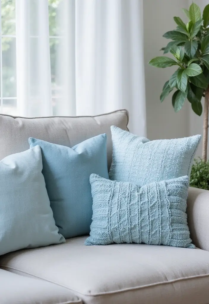 30 Blue Living Room Ideas That Feel Fresh and Modern - 15. Light Blue Throw Pillows for Subtle Accents