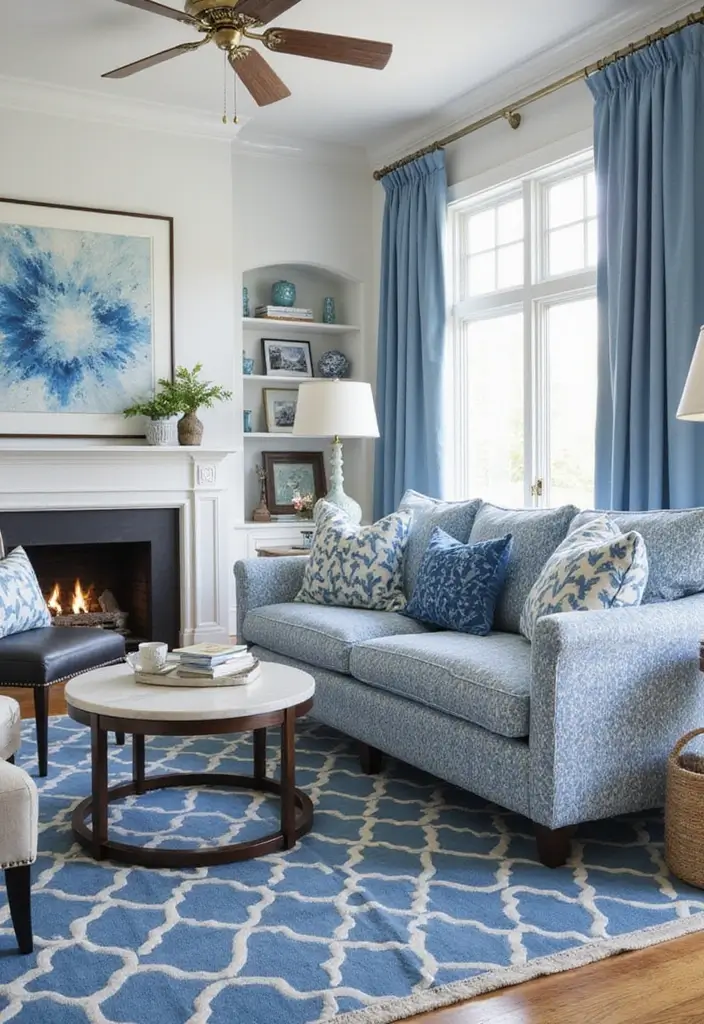 30 Blue Living Room Ideas That Feel Fresh and Modern - 23. Coastal Patterns in Blue