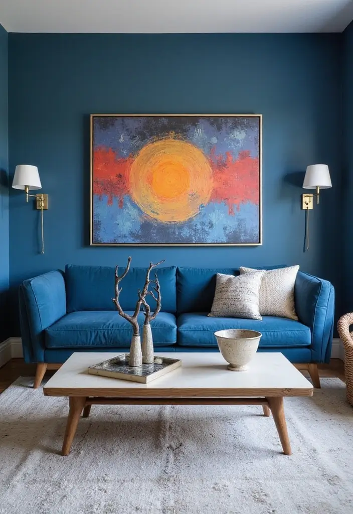 30 Blue Living Room Ideas That Feel Fresh and Modern - 8. Colorful Artwork Against Blue Backdrops