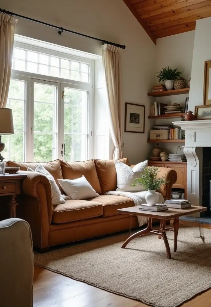 30 Brown Couch Living Room Ideas That Look Stylish - 21. Farmhouse Chic