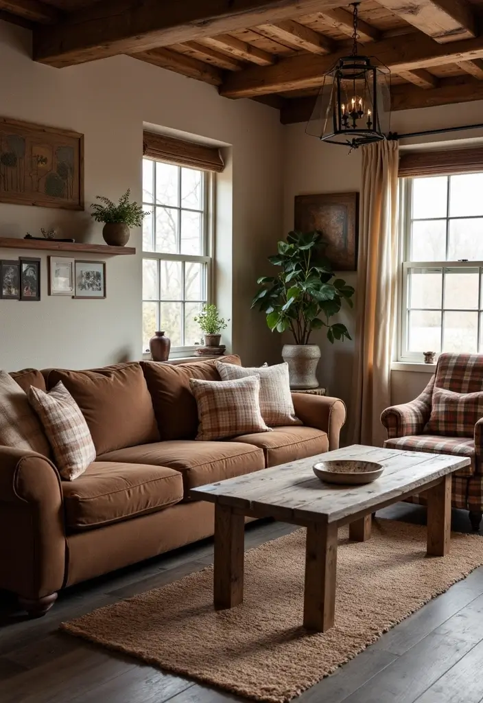30 Brown Couch Living Room Ideas That Look Stylish - 7. Rustic Farmhouse Vibes