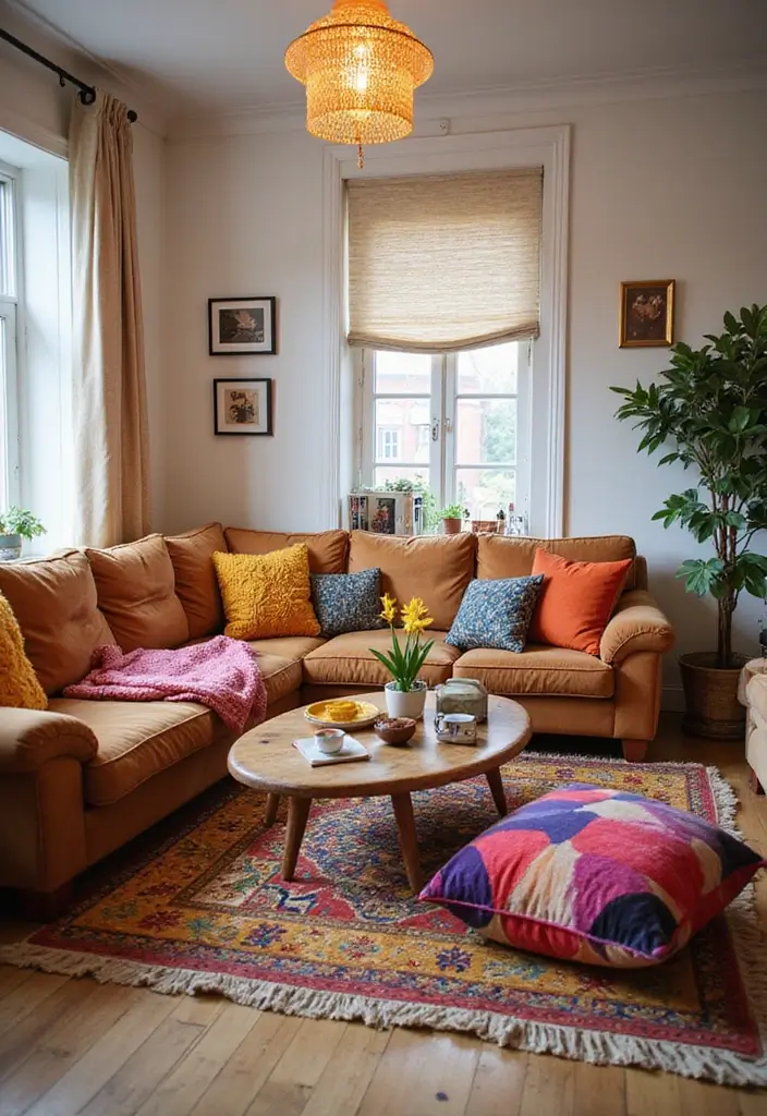 30 Brown Couch Living Room Ideas That Look Stylish - 9. Colorful Accents