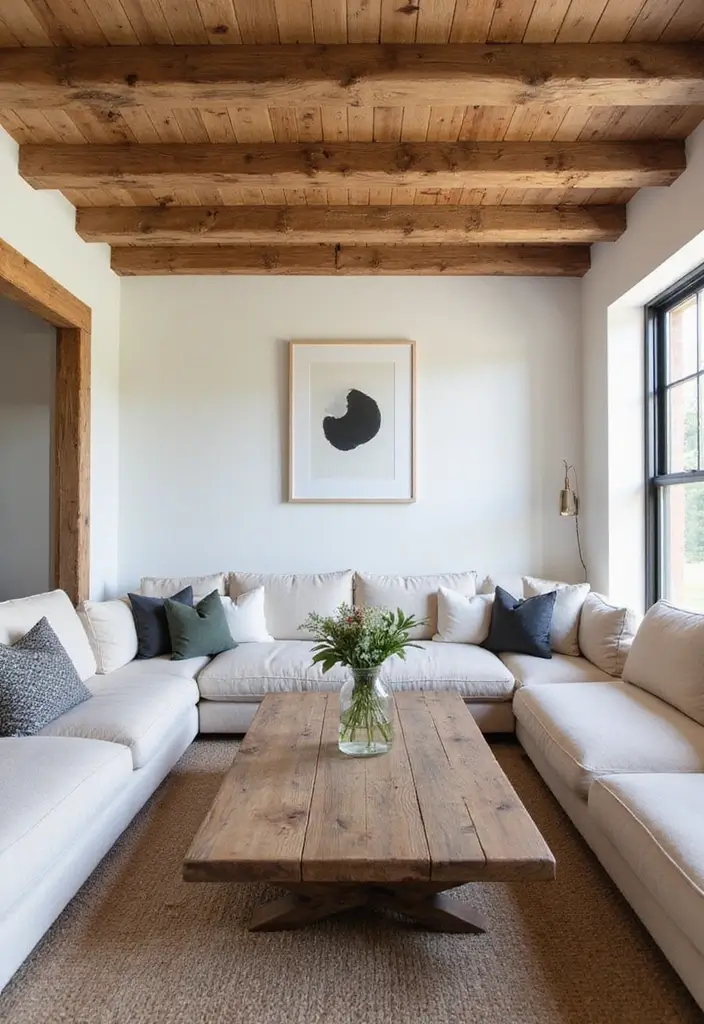 30 Cozy Living Room Ideas You’ll Fall in Love With - 1. Rustic Wood Beams and White Walls