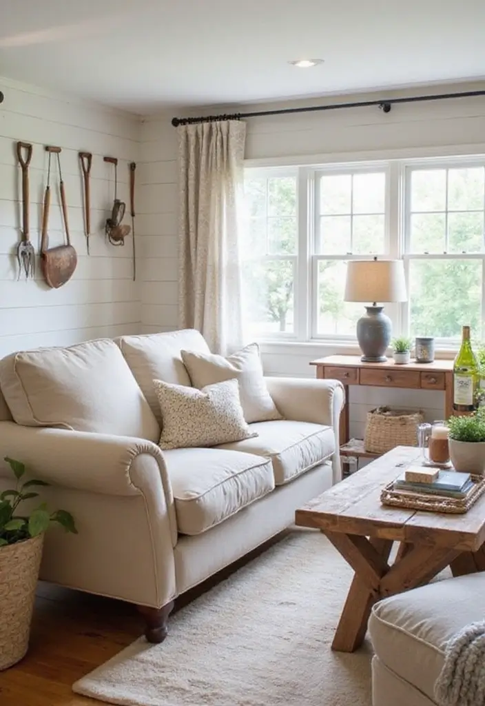 30 Cozy Living Room Ideas You’ll Fall in Love With - 10. Farmhouse-Inspired Accents