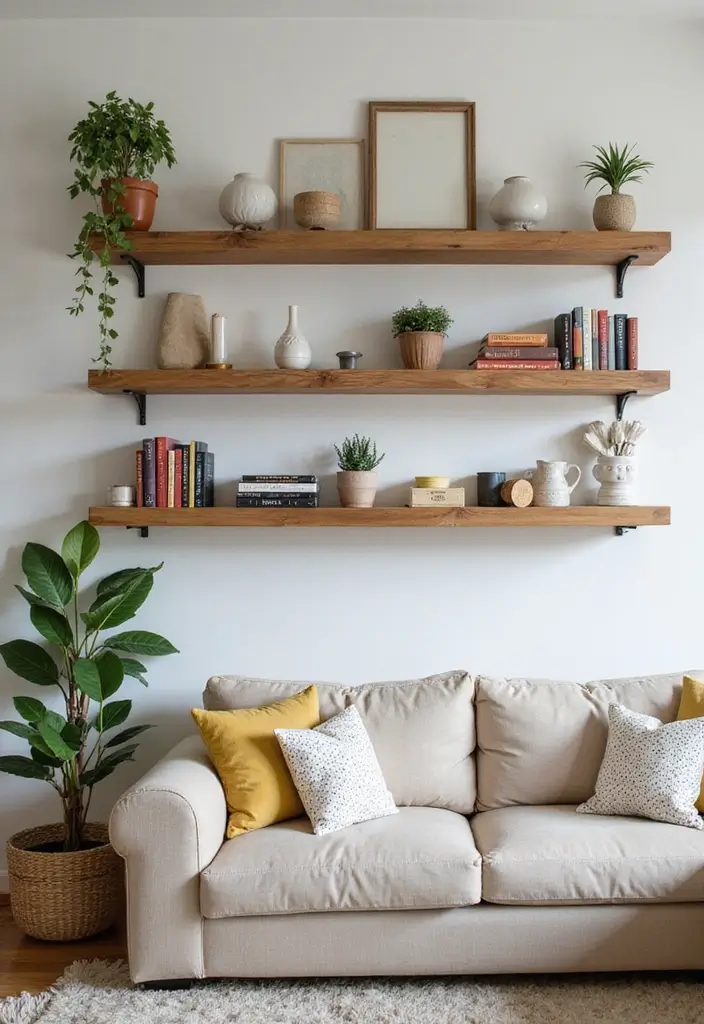 30 Cozy Living Room Ideas You’ll Fall in Love With - 13. Wall-Mounted Shelves for Decor