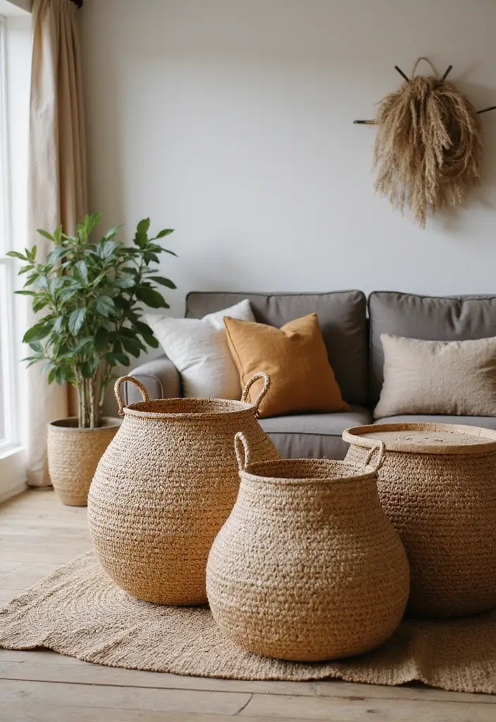 30 Cozy Living Room Ideas You’ll Fall in Love With - 8. Woven Baskets for Storage