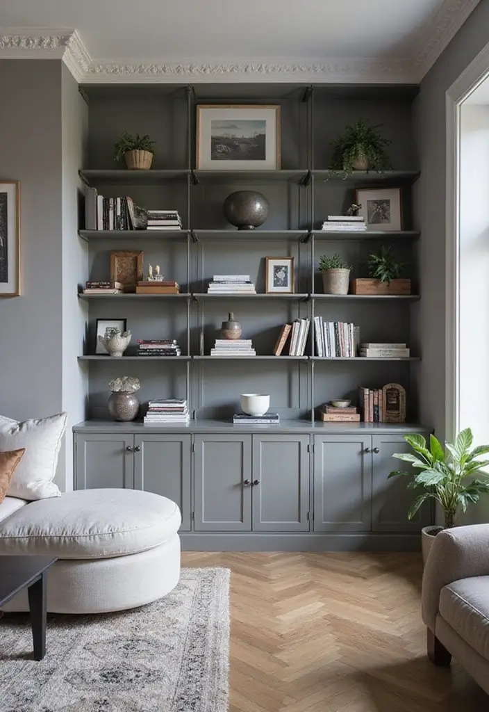 30 Grey and Beige Living Room Ideas That Feel Balanced - 11. Artistic Shelving Displays