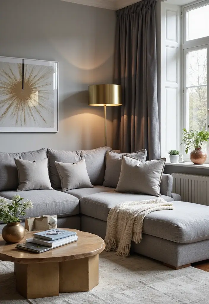 30 Grey and Beige Living Room Ideas That Feel Balanced - 16. Incorporating Metallic Accents