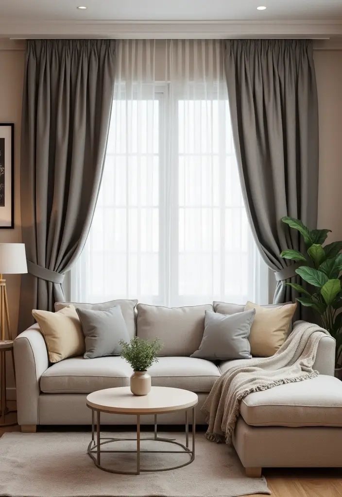 30 Grey and Beige Living Room Ideas That Feel Balanced - 18. Curtains and Drapes for Elegance