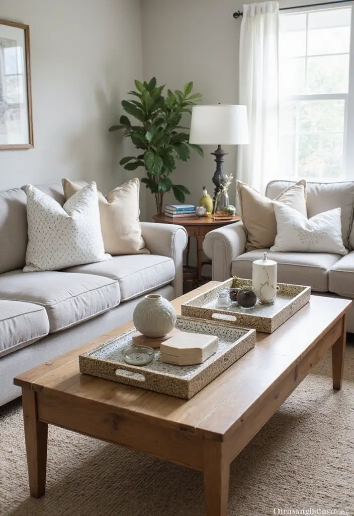 30 Grey and Beige Living Room Ideas That Feel Balanced - 28. Unique Decorative Trays