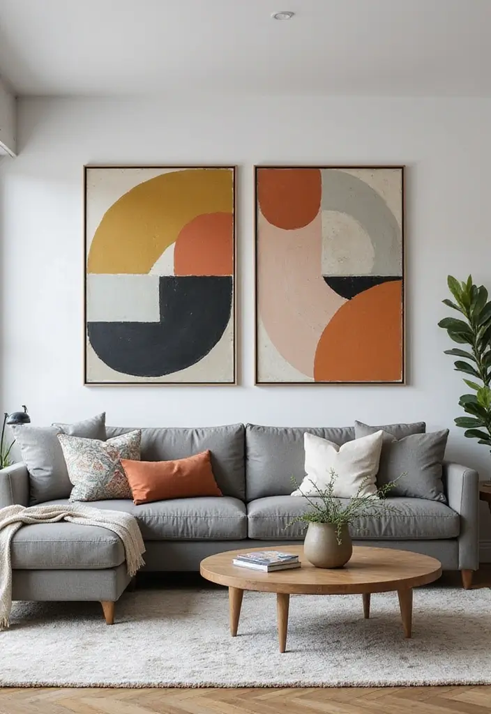 30 Grey and Beige Living Room Ideas That Feel Balanced - 7. Bold Art as Focal Point
